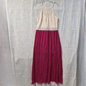iZ Byer XL Cream Lace Bodice Magenta Maxi Dress Sleeveless Boho Formal High Neck